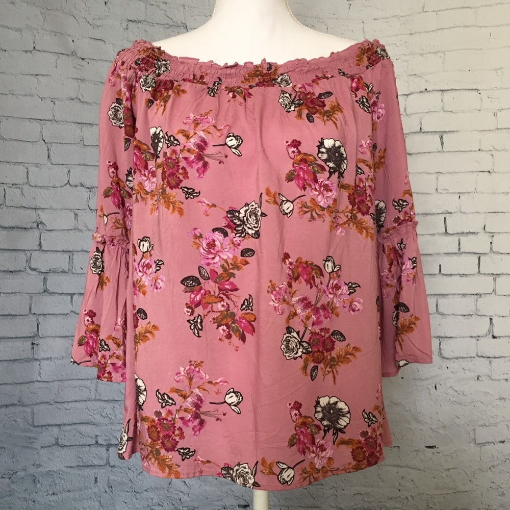 Pink Rose Off Shoulder Bell Sleeves Floral Top